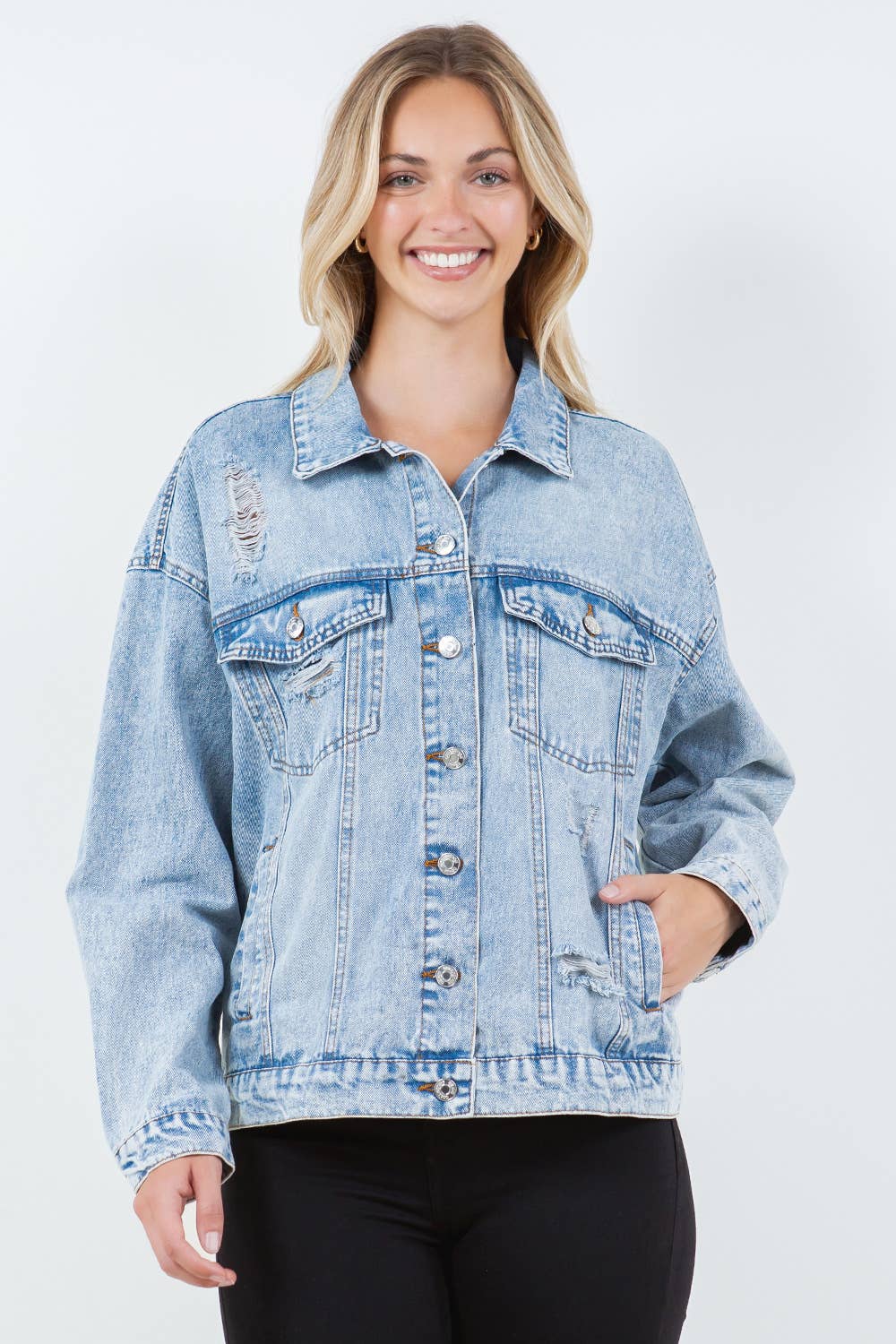 Relaxed Denim Jacket, Oversized Denim Jacket: LT WASH