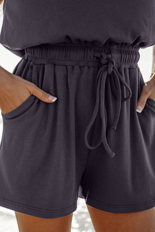 LDC Knit Open Back Cap Sleeve Drawstring Romper: Bristol Black / L