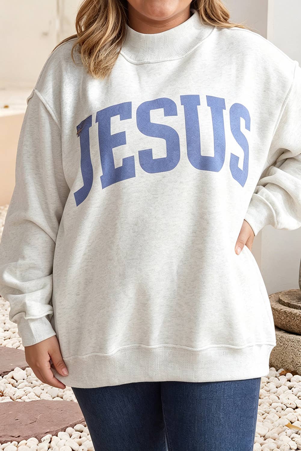 Jesus Slogan Oversized Mock Neck Sweatshirt plus sized