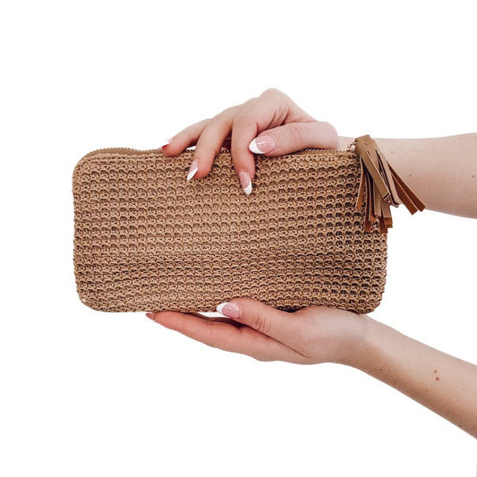 Rome Raffia Clutch Card Wallet Wristlet: Tan